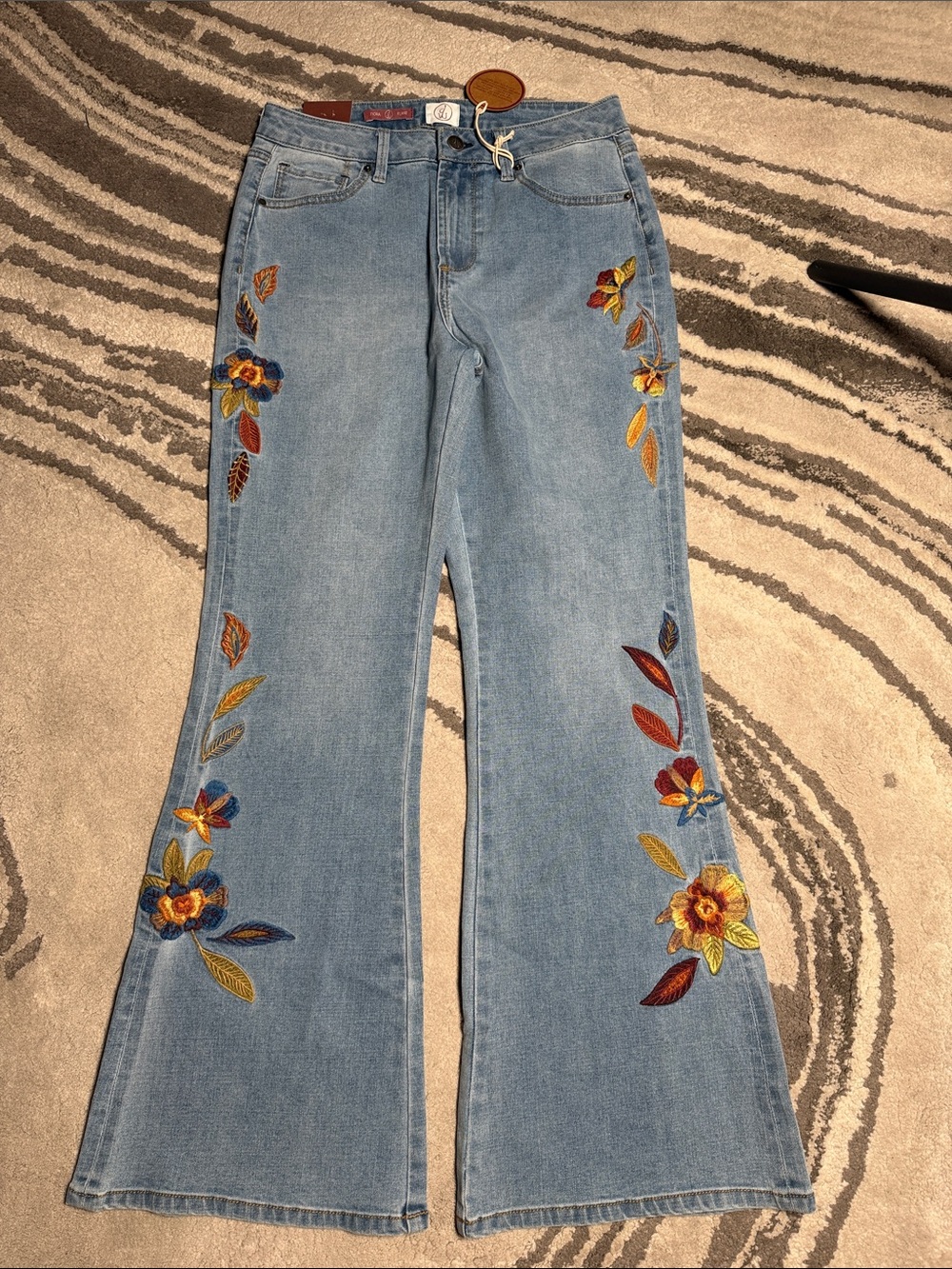DRIFTWOOD Light Blue Flare Jeans with Multicolor Floral Embroidery